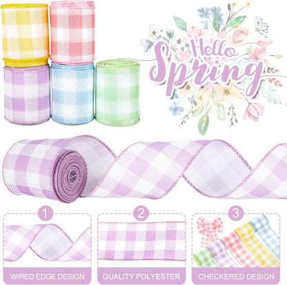 Spring Wired Edge Ribbon 30 Yards Pastel Buffalo Plaids Fabric Ribbon Light Blue Yellow Pink Purple Green Decorative Wrapping Ribbons for Easter Wreath Bow Making DIY Crafts, 5 Roll