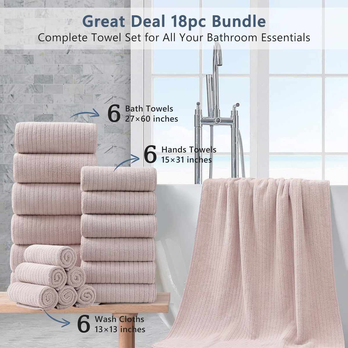 18 Piece Bath Towels Set,Soft Family Bathroom Towel Set with Hanging Loops-6 Bath Towels,6 Hand Towels,6 Washcloths,Highly Absorbent Quick Dry Shower Towel for Bathroom,Hotel,Spa-Blush Pink Towel Set
