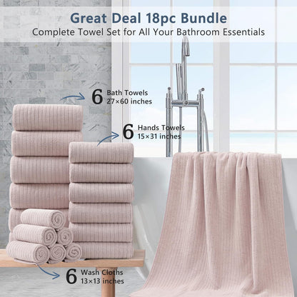 18 Piece Bath Towels Set,Soft Family Bathroom Towel Set with Hanging Loops-6 Bath Towels,6 Hand Towels,6 Washcloths,Highly Absorbent Quick Dry Shower Towel for Bathroom,Hotel,Spa-Blush Pink Towel Set