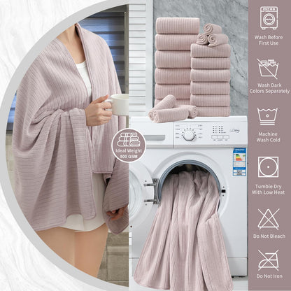 18 Piece Bath Towels Set,Soft Family Bathroom Towel Set with Hanging Loops-6 Bath Towels,6 Hand Towels,6 Washcloths,Highly Absorbent Quick Dry Shower Towel for Bathroom,Hotel,Spa-Blush Pink Towel Set