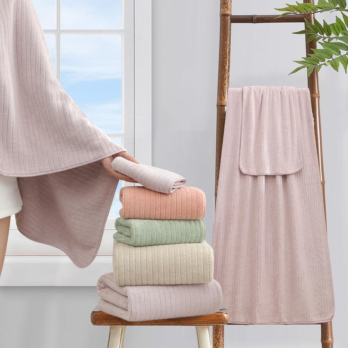 18 Piece Bath Towels Set,Soft Family Bathroom Towel Set with Hanging Loops-6 Bath Towels,6 Hand Towels,6 Washcloths,Highly Absorbent Quick Dry Shower Towel for Bathroom,Hotel,Spa-Blush Pink Towel Set