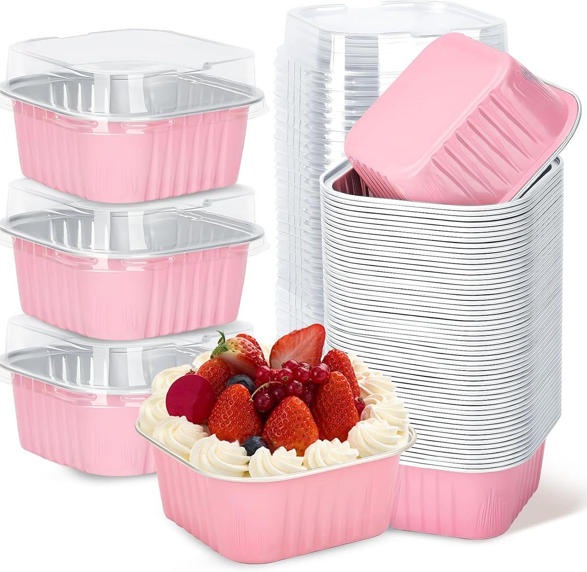 30Pack 5oz Pink Mini Cake Pans with Lids Baking Cups Aluminum Foil Pans Tins, Individual Dessert Cups Containers for Sales,Party,Picnics