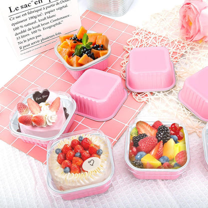30Pack 5oz Pink Mini Cake Pans with Lids Baking Cups Aluminum Foil Pans Tins, Individual Dessert Cups Containers for Sales,Party,Picnics