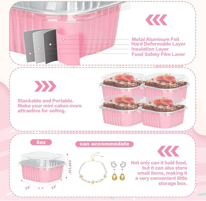 30Pack 5oz Pink Mini Cake Pans with Lids Baking Cups Aluminum Foil Pans Tins, Individual Dessert Cups Containers for Sales,Party,Picnics