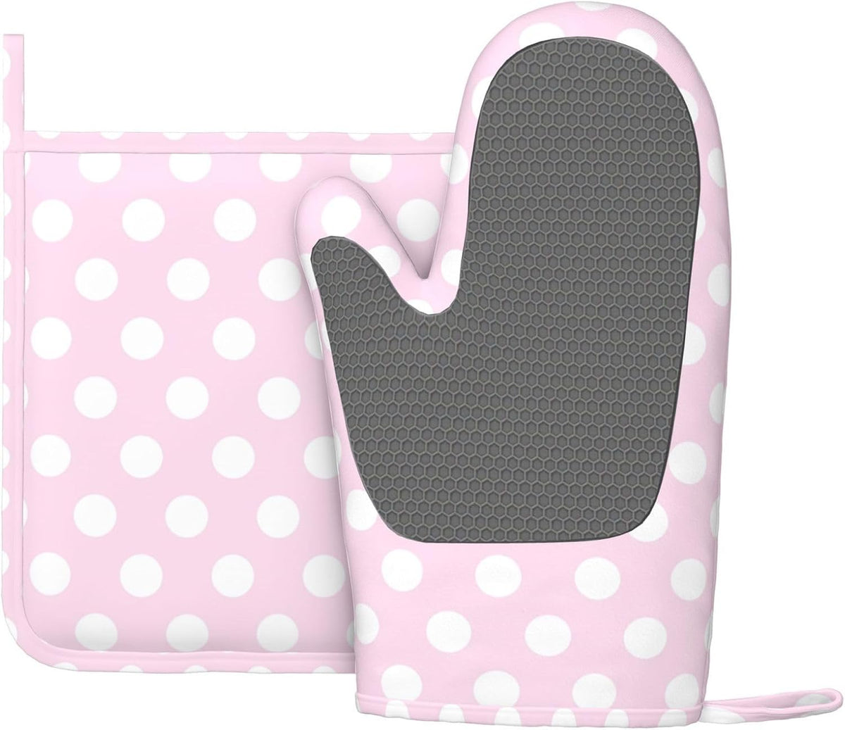 Light Pink Polka Dot Print A Oven Mitts and Pot Holders Sets - Heat Resistant Silicone Oven Mitts Pot Holders for Kitchen Cooking Baking, Non-Slip Ovens Gloves Hot Pads Potholders