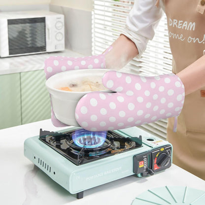 Light Pink Polka Dot Print A Oven Mitts and Pot Holders Sets - Heat Resistant Silicone Oven Mitts Pot Holders for Kitchen Cooking Baking, Non-Slip Ovens Gloves Hot Pads Potholders