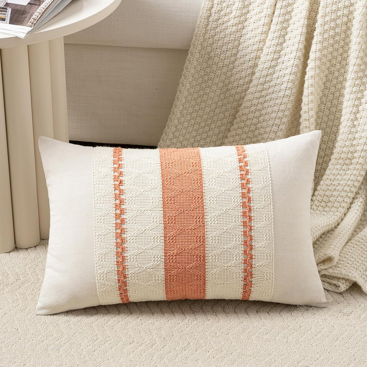 Set of 1 Boho Coral Lumbar Decorative Throw Pillow Cover 12x20 Inch for Couch Bed Sofa Chair, Modern Organic Farmhouse Home Decor, Soft Cotton Cute Accent Rectangle Cushion Case
