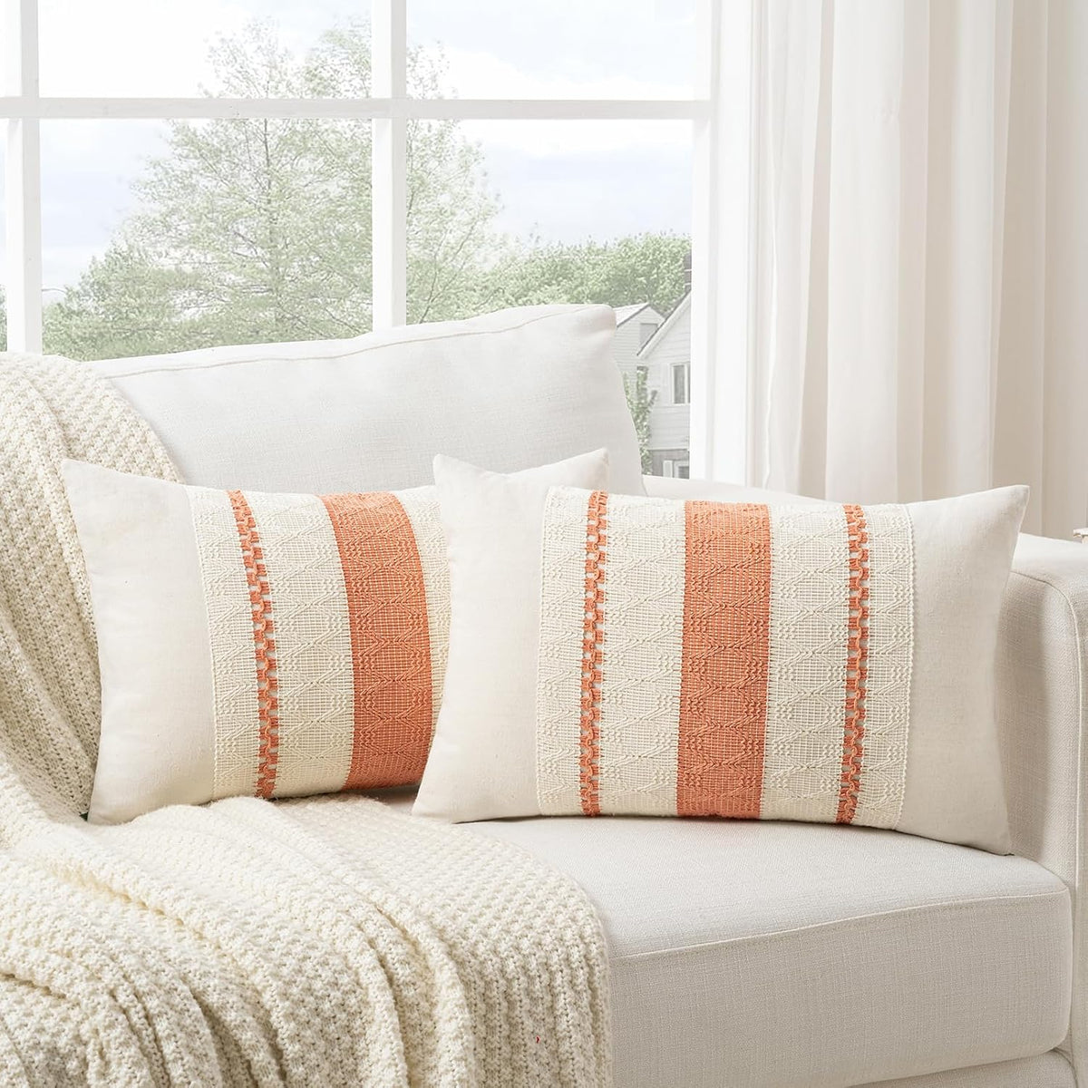 Set of 1 Boho Coral Lumbar Decorative Throw Pillow Cover 12x20 Inch for Couch Bed Sofa Chair, Modern Organic Farmhouse Home Decor, Soft Cotton Cute Accent Rectangle Cushion Case