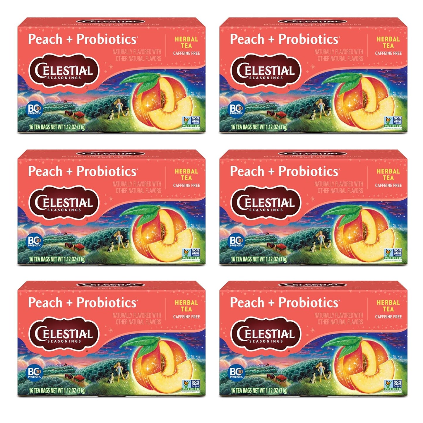 Peach + Probiotics Herbal Tea, Caffeine Free, 16 Tea Bags Box (Pack of 6)