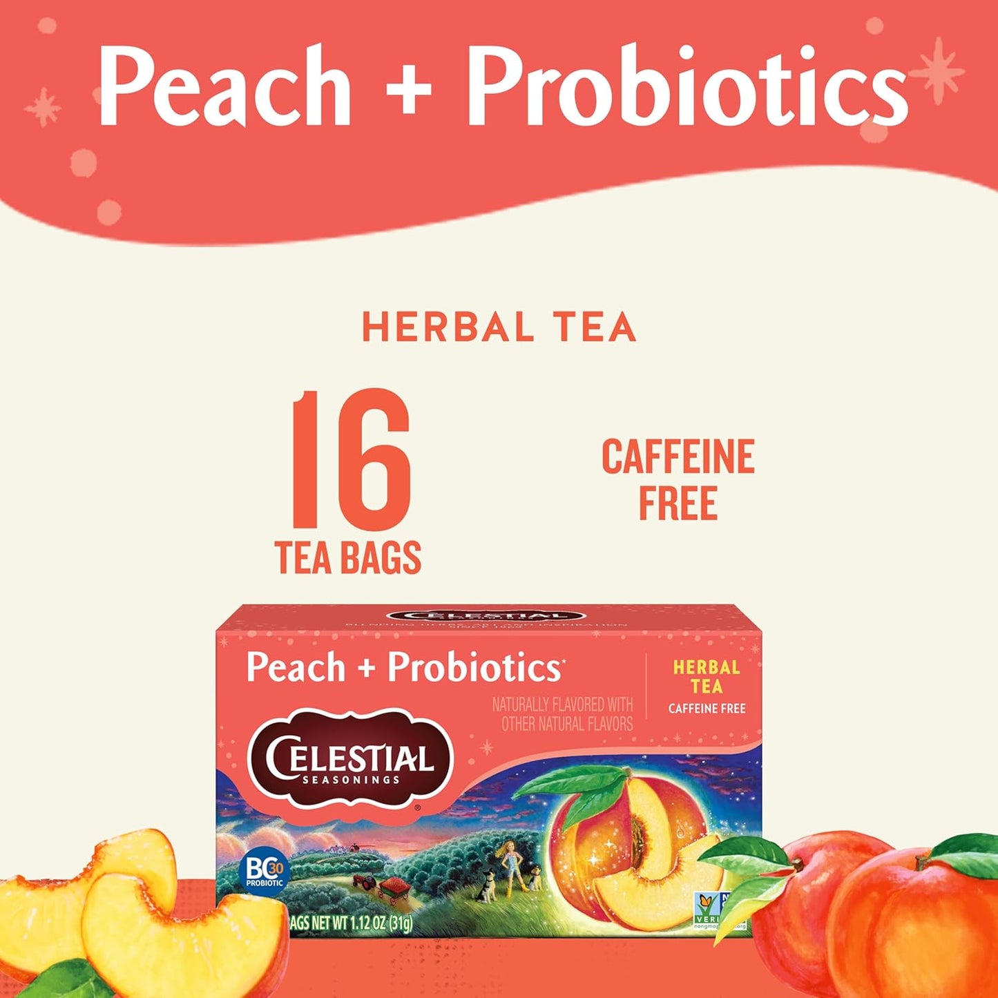 Peach + Probiotics Herbal Tea, Caffeine Free, 16 Tea Bags Box (Pack of 6)