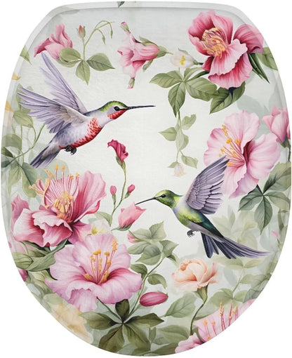 Green Hummingbird Toilet Bowl Cover Seat Pink Flower Toilet Seat Cover Toilet Seat Covers for Bathroom Toilet Seat Cover Elongated Adjusts to Shape of Toilet Lid Toilet Cover