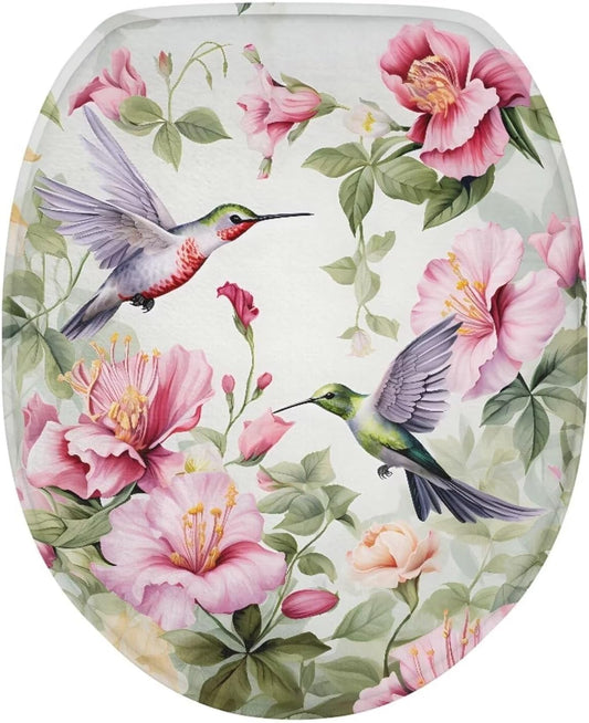 Green Hummingbird Toilet Bowl Cover Seat Pink Flower Toilet Seat Cover Toilet Seat Covers for Bathroom Toilet Seat Cover Elongated Adjusts to Shape of Toilet Lid Toilet Cover