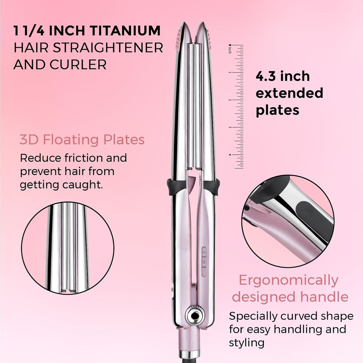 Professional 1.25 Inch Titanium Flat Iron, Straightener & Curler