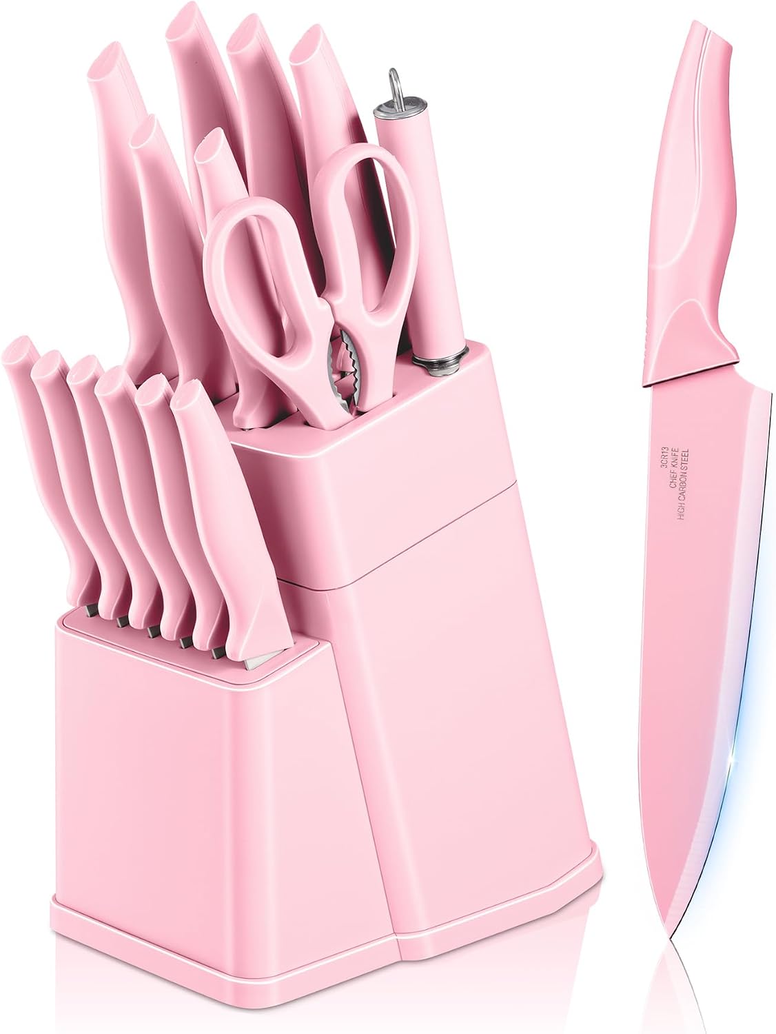 Knife Set with Block, 15-Piece Pink Knife Block Set with Sharpener