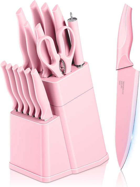 Knife Set with Block, 15-Piece Pink Knife Block Set with Sharpener