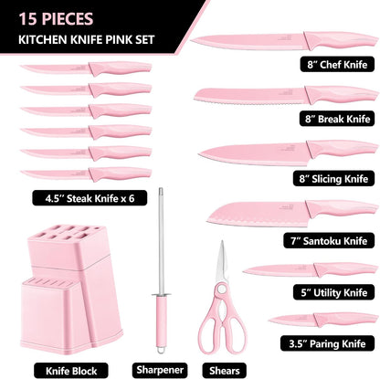 Knife Set with Block, 15-Piece Pink Knife Block Set with Sharpener