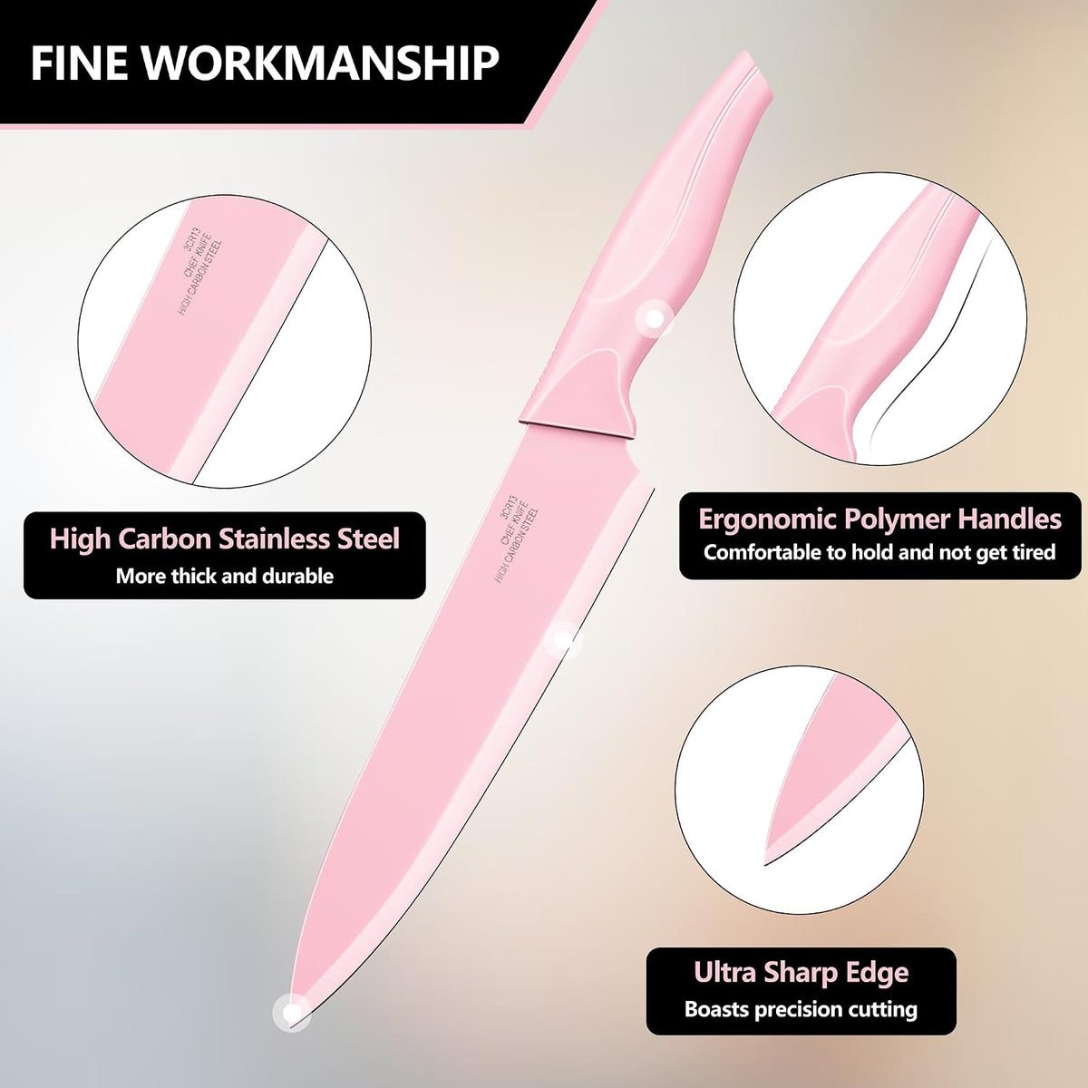 Knife Set with Block, 15-Piece Pink Knife Block Set with Sharpener
