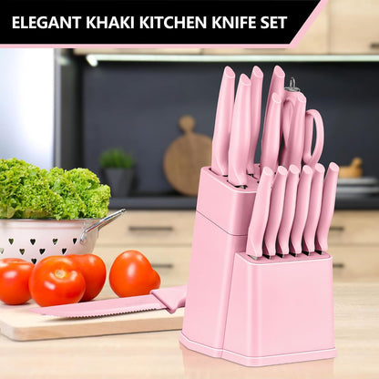 Knife Set with Block, 15-Piece Pink Knife Block Set with Sharpener