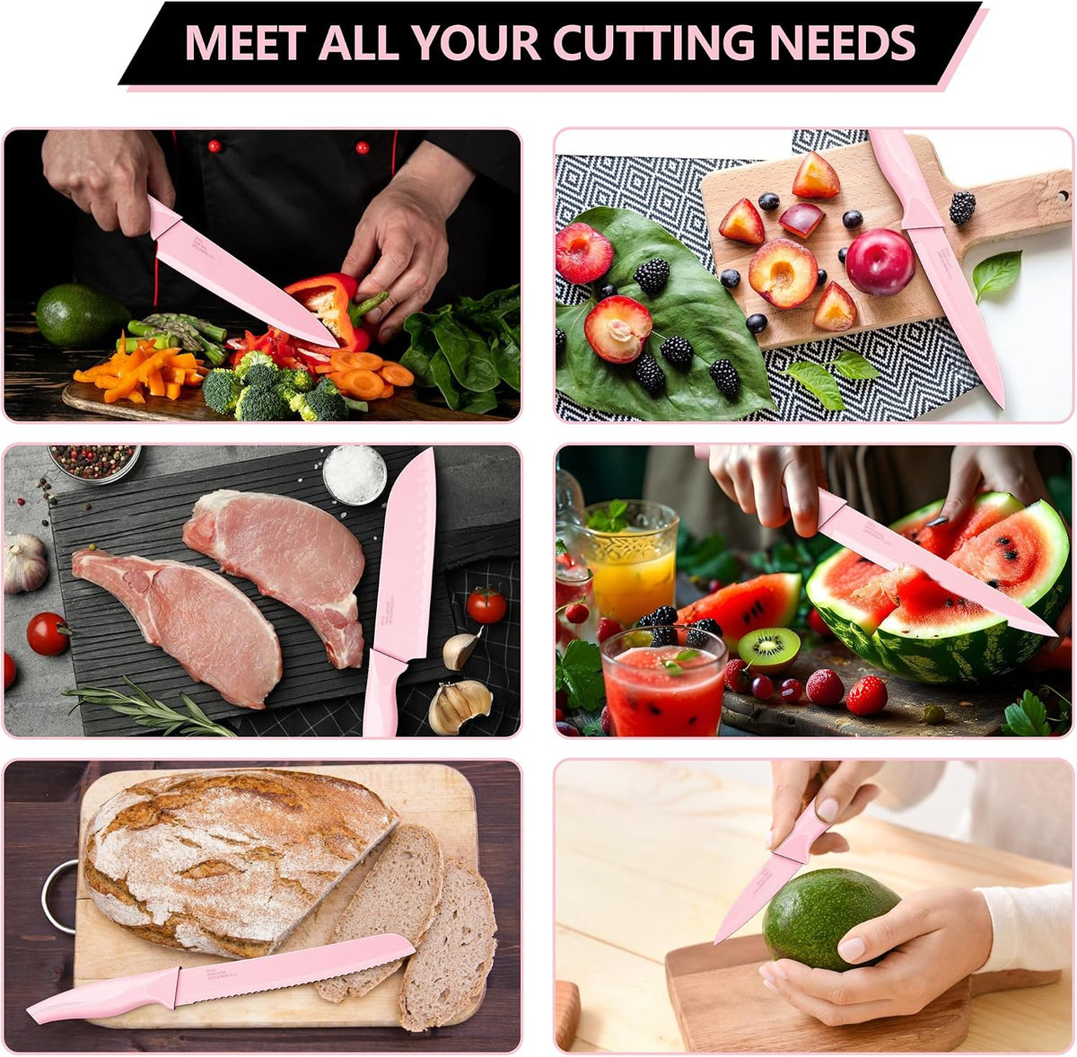 Knife Set with Block, 15-Piece Pink Knife Block Set with Sharpener
