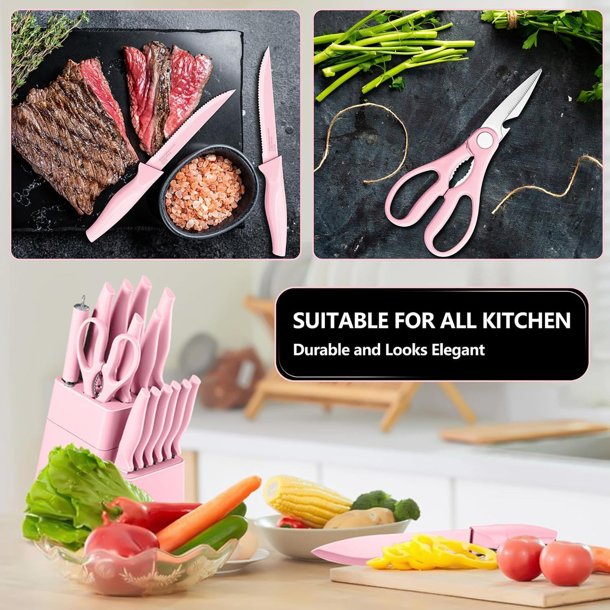 Knife Set with Block, 15-Piece Pink Knife Block Set with Sharpener