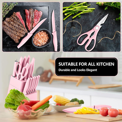 Knife Set with Block, 15-Piece Pink Knife Block Set with Sharpener