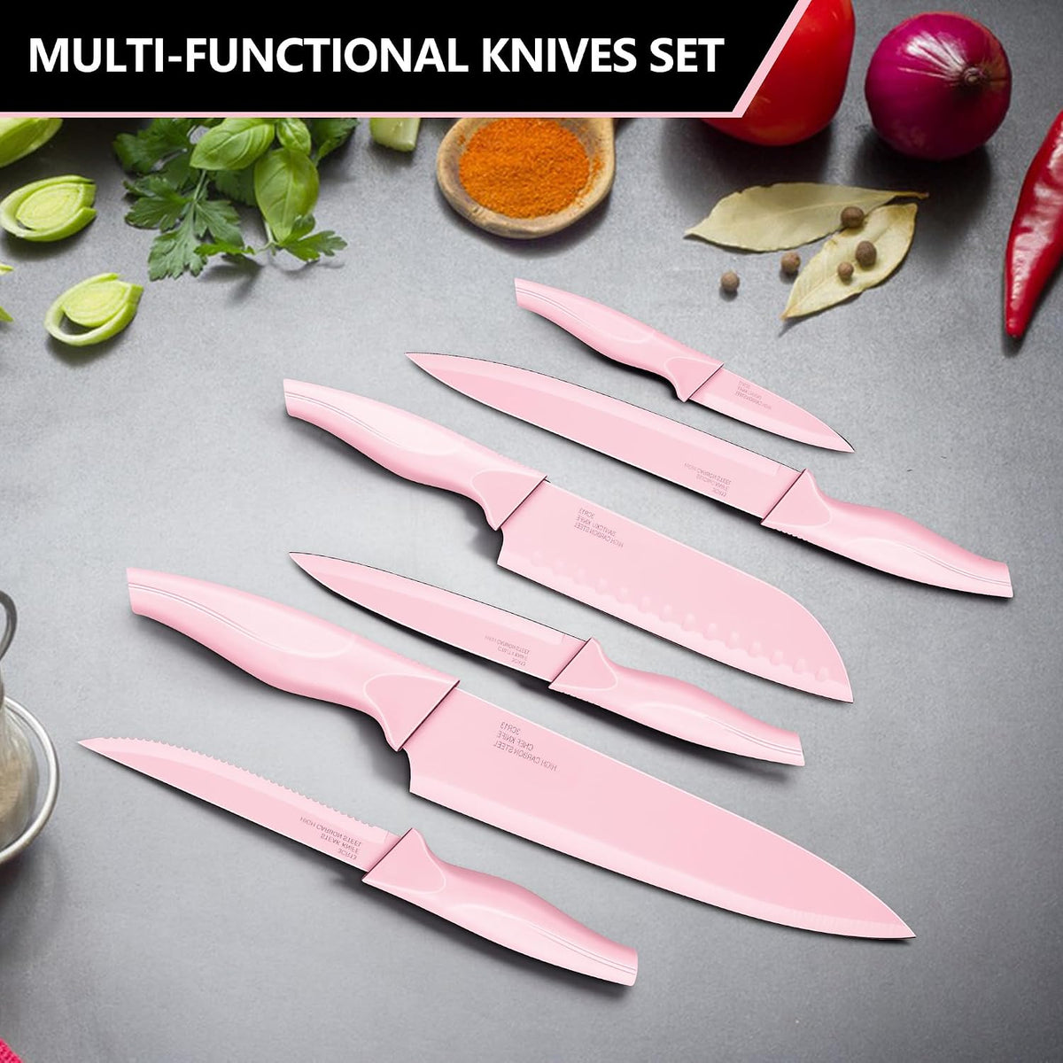 Knife Set with Block, 15-Piece Pink Knife Block Set with Sharpener