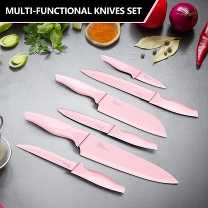 Knife Set with Block, 15-Piece Pink Knife Block Set with Sharpener