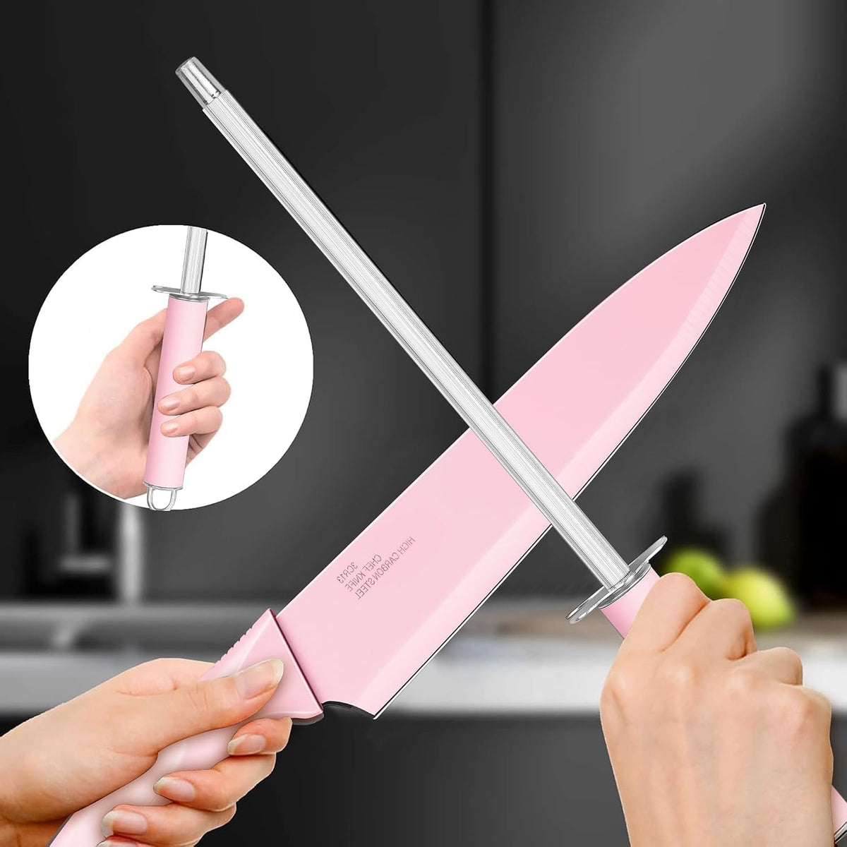 Knife Set with Block, 15-Piece Pink Knife Block Set with Sharpener