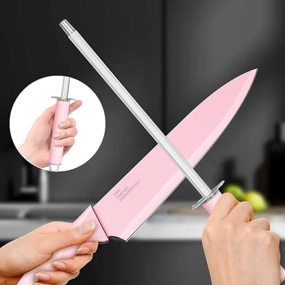 Knife Set with Block, 15-Piece Pink Knife Block Set with Sharpener