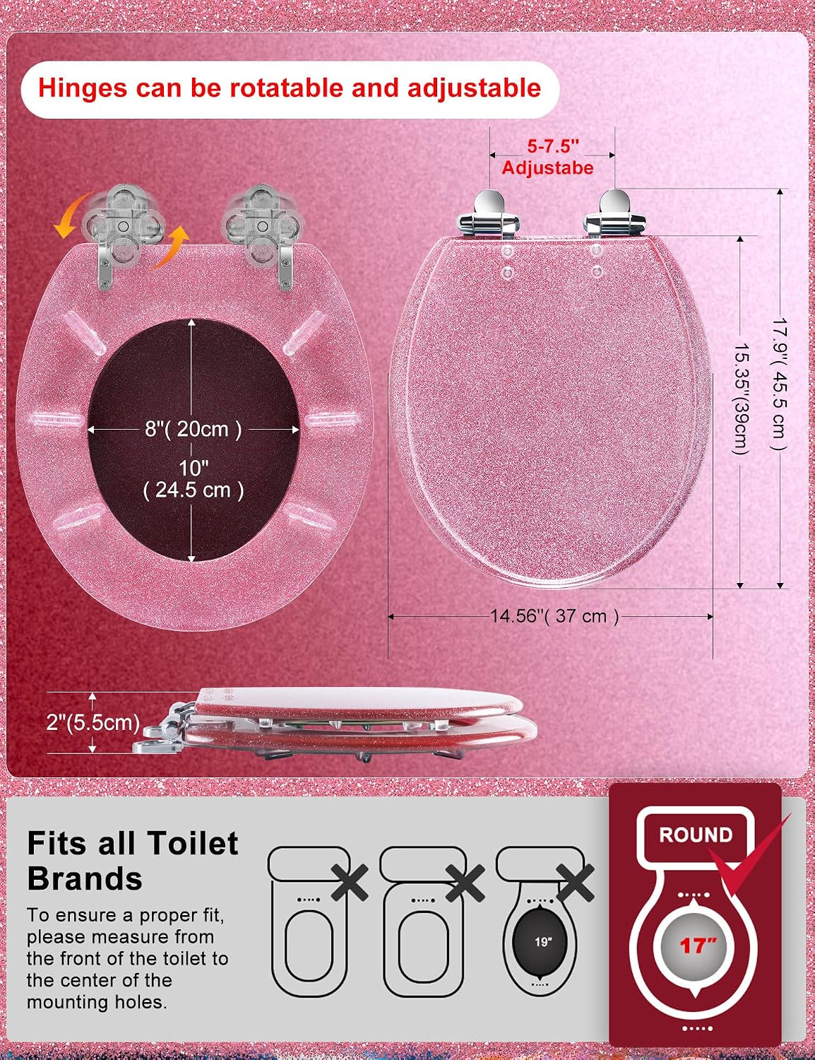 ROUND Resin Soft Close Toilet Seat Pink Glitter16.5"