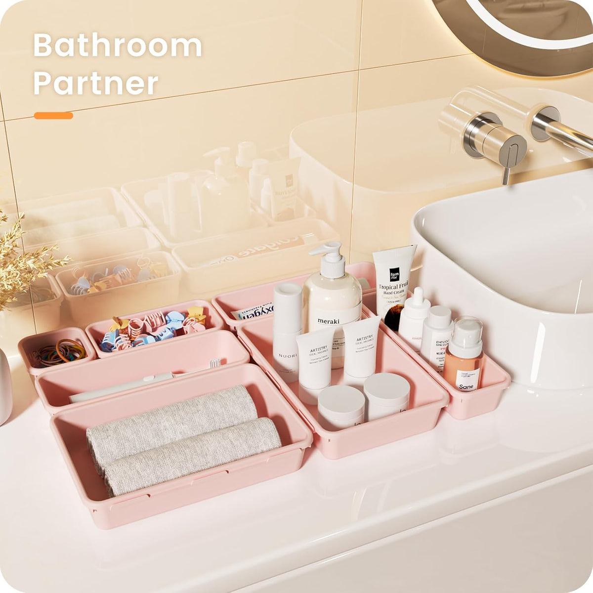 【Military Grade】 Drawer Organizer,【𝟱𝗦𝗶𝘇𝗲】Makeup organizer,【Holds 177 Items】Bathroom Organizers and Storage,Organization and Storage,Desk Drawer Organizer for Vanity【Pink】