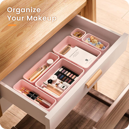 【Military Grade】 Drawer Organizer,【𝟱𝗦𝗶𝘇𝗲】Makeup organizer,【Holds 177 Items】Bathroom Organizers and Storage,Organization and Storage,Desk Drawer Organizer for Vanity【Pink】