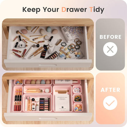 【Military Grade】 Drawer Organizer,【𝟱𝗦𝗶𝘇𝗲】Makeup organizer,【Holds 177 Items】Bathroom Organizers and Storage,Organization and Storage,Desk Drawer Organizer for Vanity【Pink】