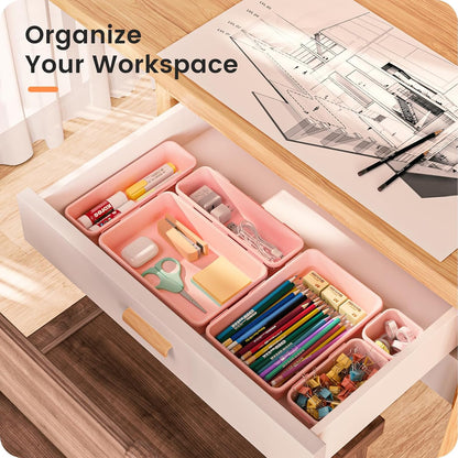 【Military Grade】 Drawer Organizer,【𝟱𝗦𝗶𝘇𝗲】Makeup organizer,【Holds 177 Items】Bathroom Organizers and Storage,Organization and Storage,Desk Drawer Organizer for Vanity【Pink】