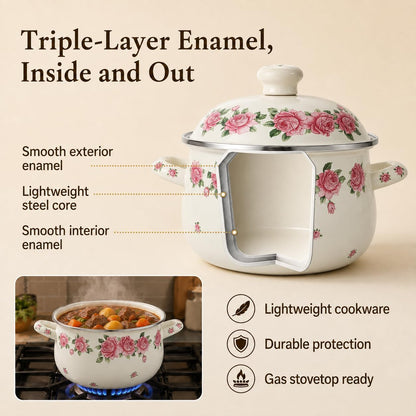 3.5 Quart Enamel Stock Pot with Lid, Floral Cooking Pot
