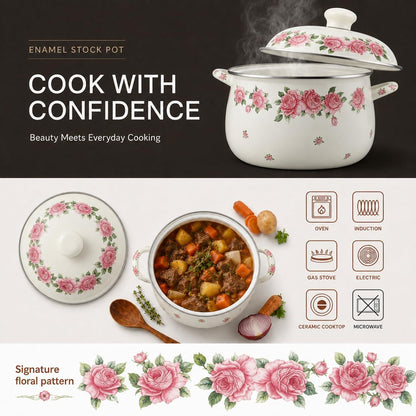 3.5 Quart Enamel Stock Pot with Lid, Floral Cooking Pot