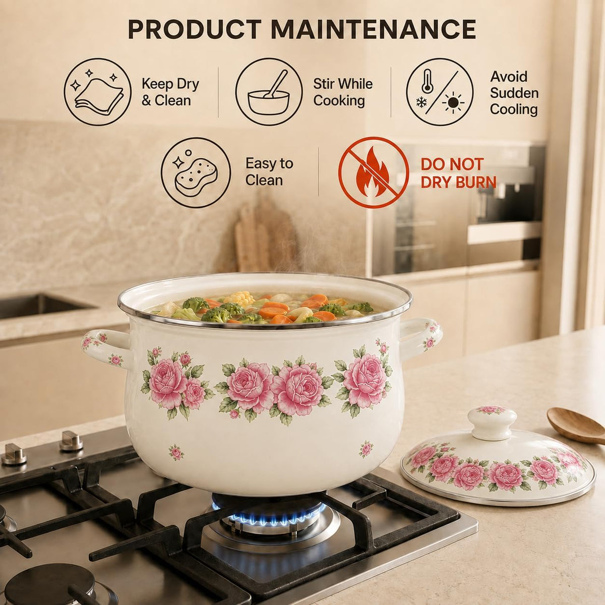 3.5 Quart Enamel Stock Pot with Lid, Floral Cooking Pot