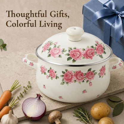 3.5 Quart Enamel Stock Pot with Lid, Floral Cooking Pot