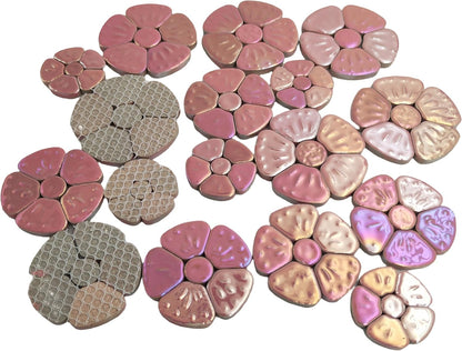 1.1 LB Random Iridescent Flower Ceramic Mosaic Tiles for DIY Crafts,3 Size Flowers Mosaic Pieces for Artwork,Photo Frames,Cups,Flower Pots,Fish Tank,Vases,Make Stepping Stones (Pink)