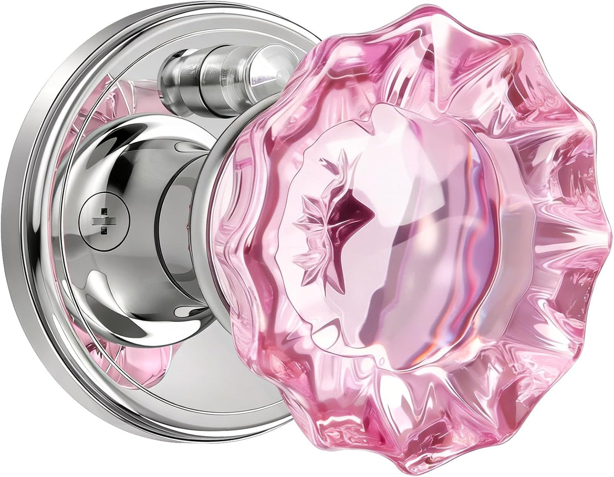 Pink Glass Door Knobs Interior with Lock, Crystal Door Knob