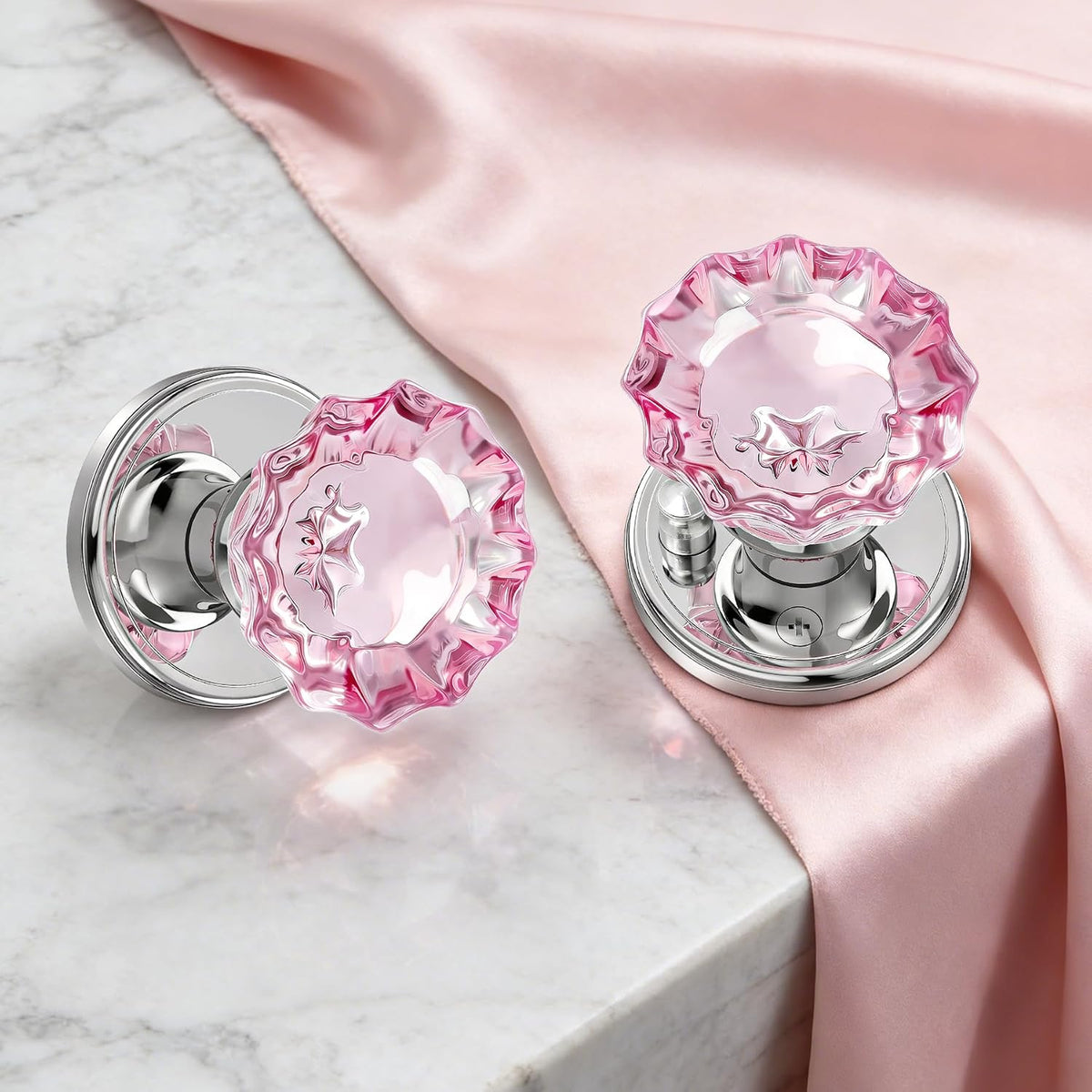 Pink Glass Door Knobs Interior with Lock, Crystal Door Knob