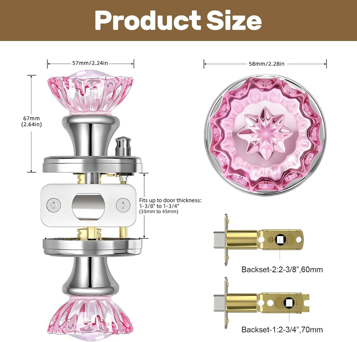 Pink Glass Door Knobs Interior with Lock, Crystal Door Knob