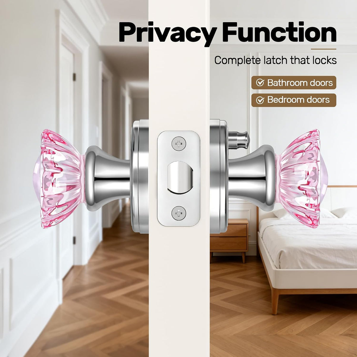 Pink Glass Door Knobs Interior with Lock, Crystal Door Knob