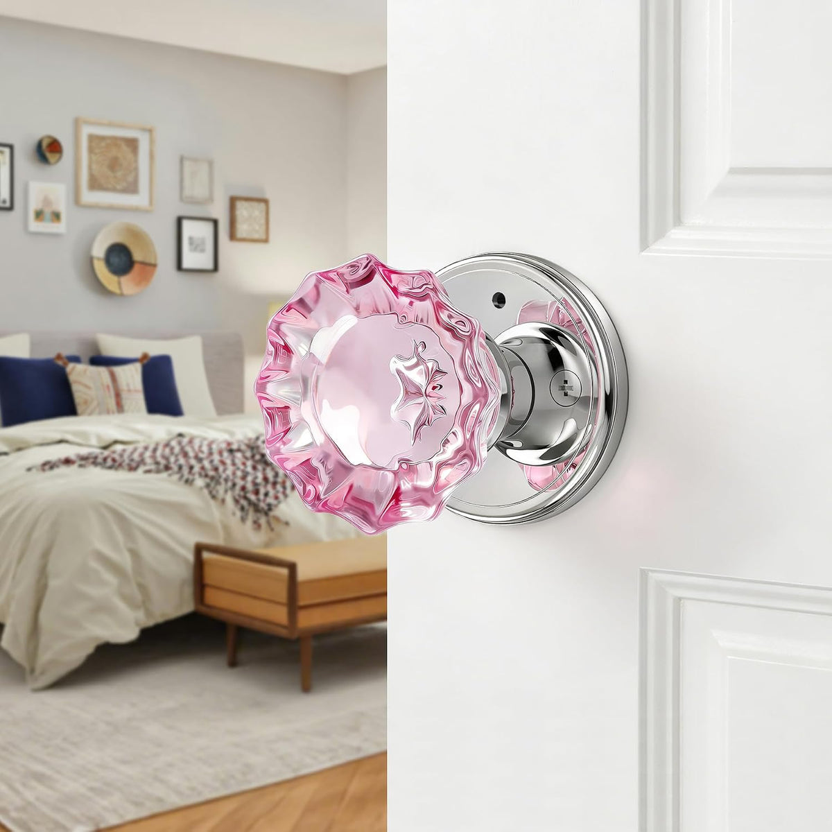 Pink Glass Door Knobs Interior with Lock, Crystal Door Knob