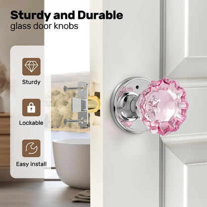 Pink Glass Door Knobs Interior with Lock, Crystal Door Knob