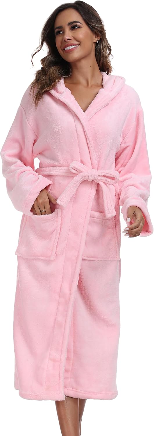 Womens Hooded Plush Bathrobe Warm Fleece Soft Long Robe Fuzzy Full Length Gown Shower Spa House Kimono for Women