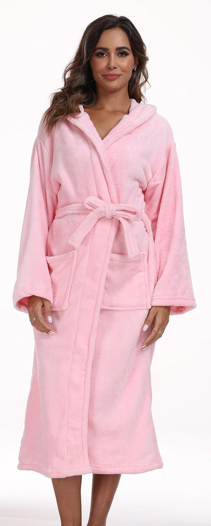 Womens Hooded Plush Bathrobe Warm Fleece Soft Long Robe Fuzzy Full Length Gown Shower Spa House Kimono for Women
