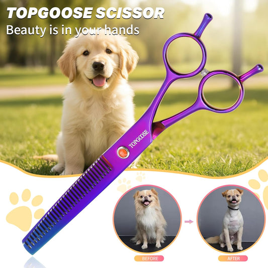 7.5" Dog Grooming Scissor - Professional Thinning Shear with 37 Teeth Japanese Stainless Steel Blender Scissors for Dogs, Cats and Other Pets (Thinning, Purple)