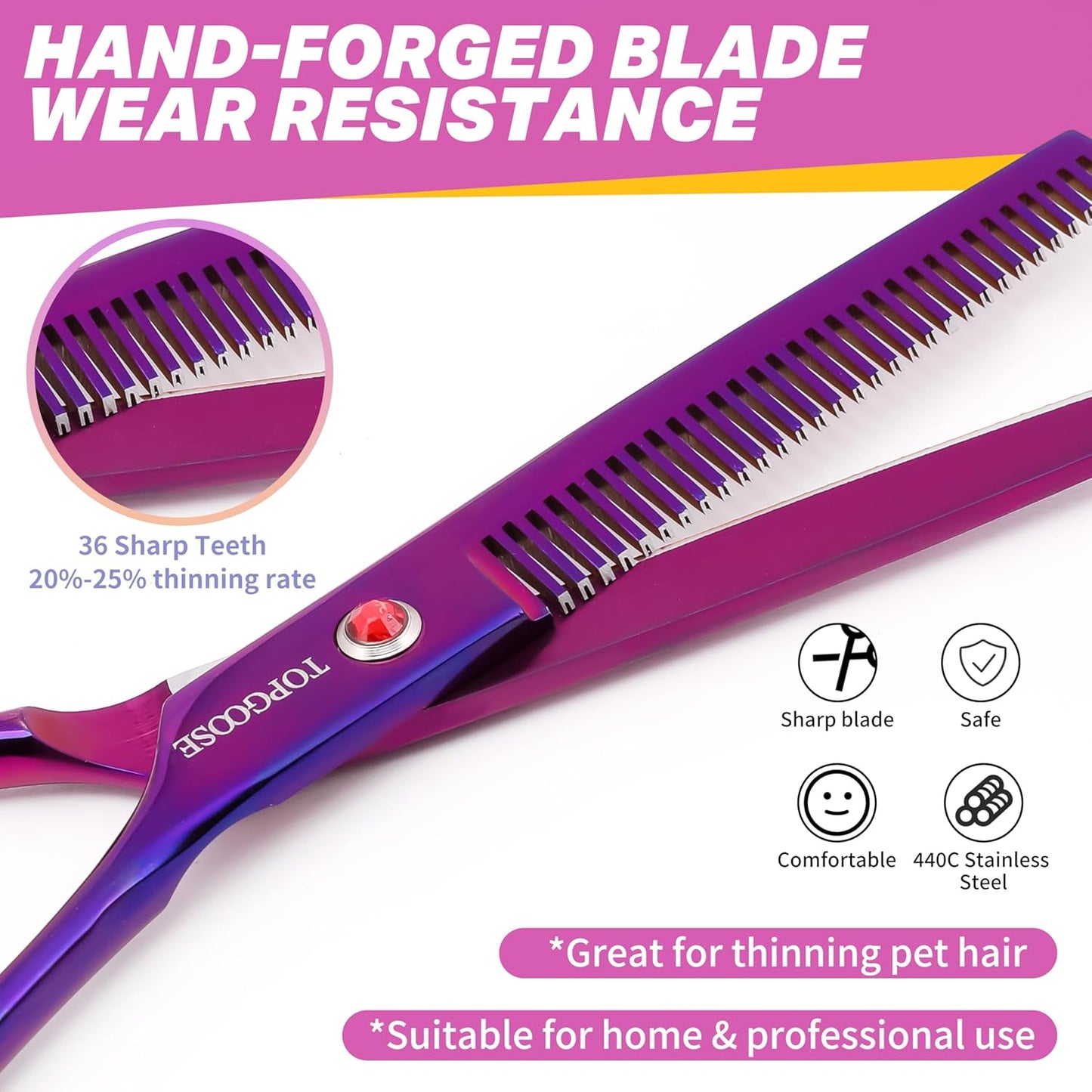 7.5" Dog Grooming Scissor - Professional Thinning Shear with 37 Teeth Japanese Stainless Steel Blender Scissors for Dogs, Cats and Other Pets (Thinning, Purple)