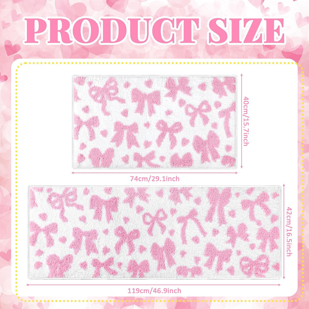 2 Pcs Pink Bow Bathroom Rugs Non Slip Coquette Cute Bath Mat
